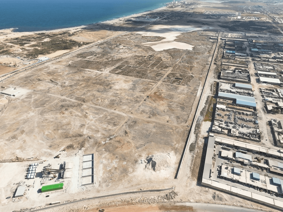 Aerial view of the coastal industrial site near Benghazi earmarked for the Tosyali green steel plant