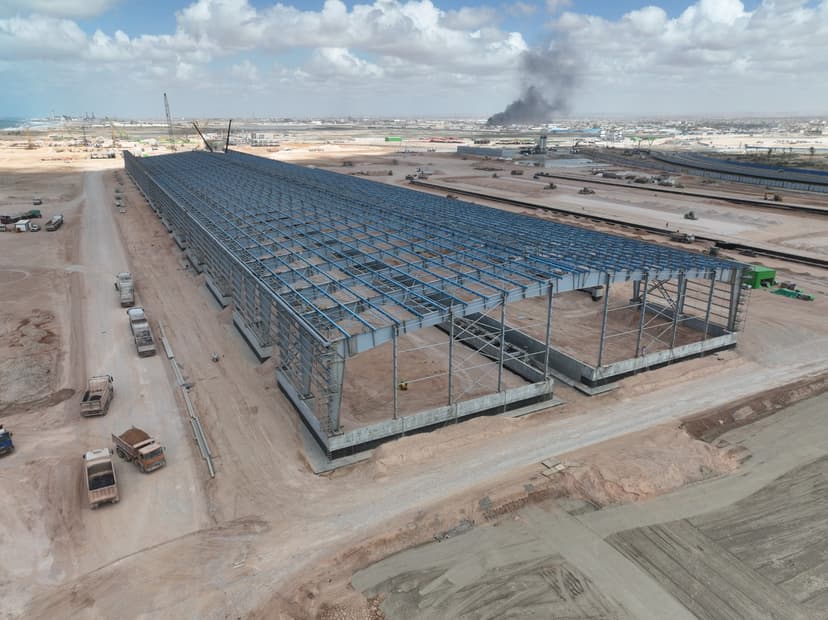 Aerial view of steel frame structure under construction at the Tosyali Sulb complex in Benghazi.