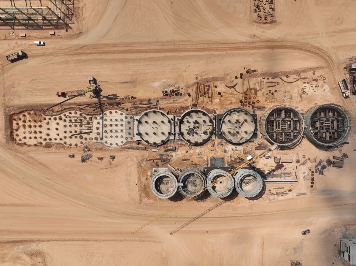 Aerial view of circular concrete foundations and cranes under construction at the Benghazi steel power station site