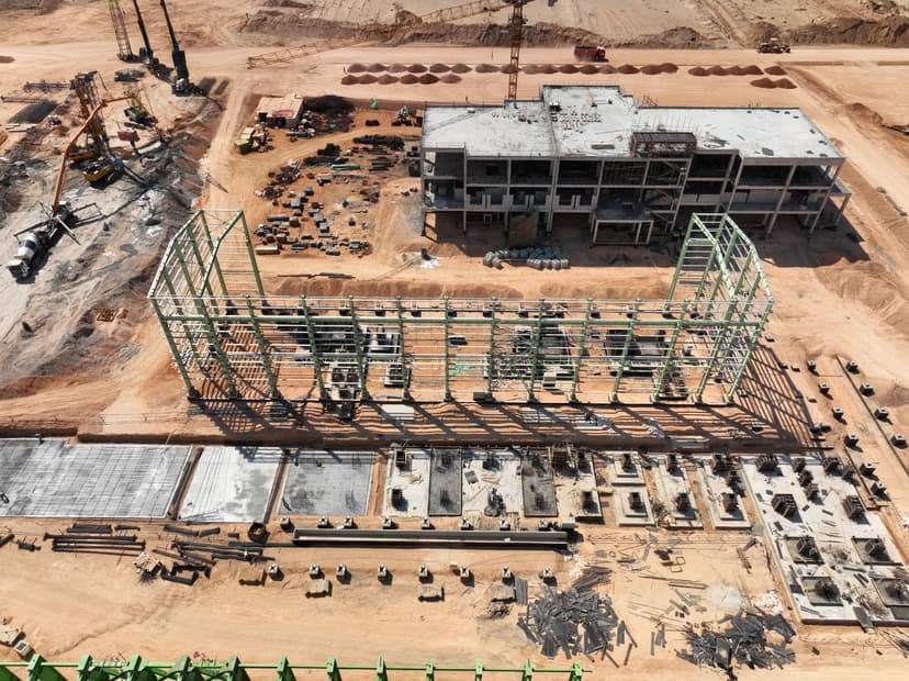 Aerial view of construction at the Benghazi Iron and Steel Complex.