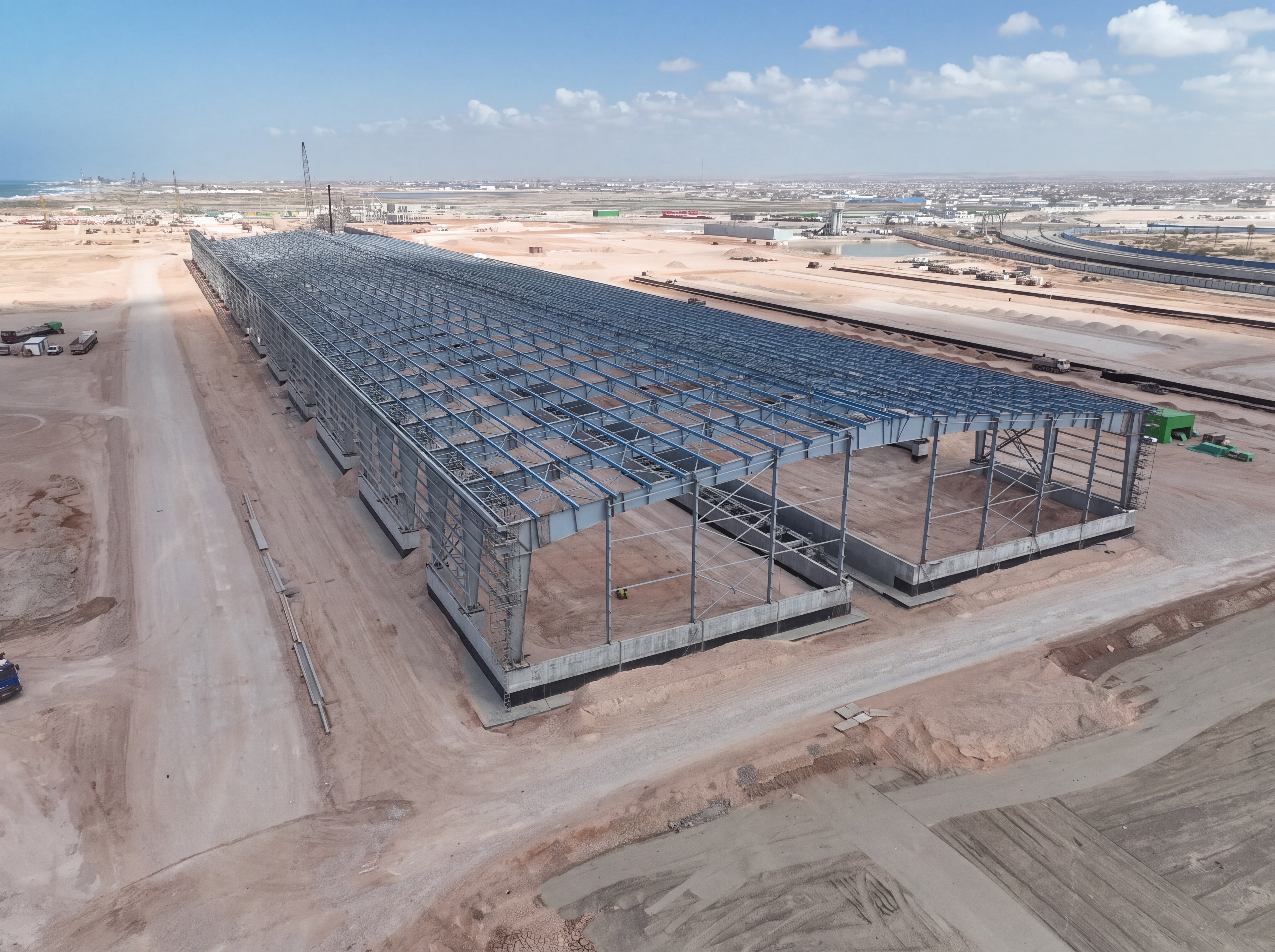 Aerial view of steel frame structure under construction at the Tosyali Sulb complex in Benghazi.